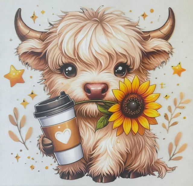 Cow - coffee, sunflower in mouth