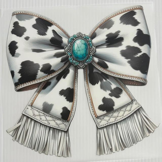 Big white cow print bow, turquoise gem