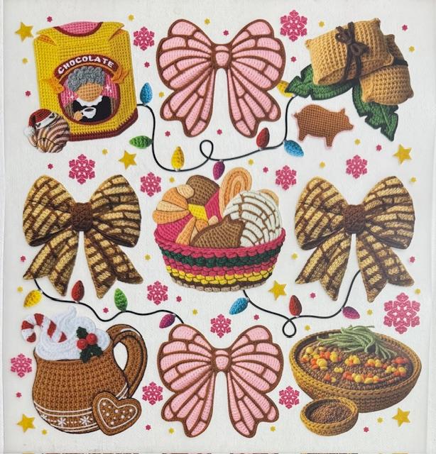 Chocolate, pan dulce, bows- yarn