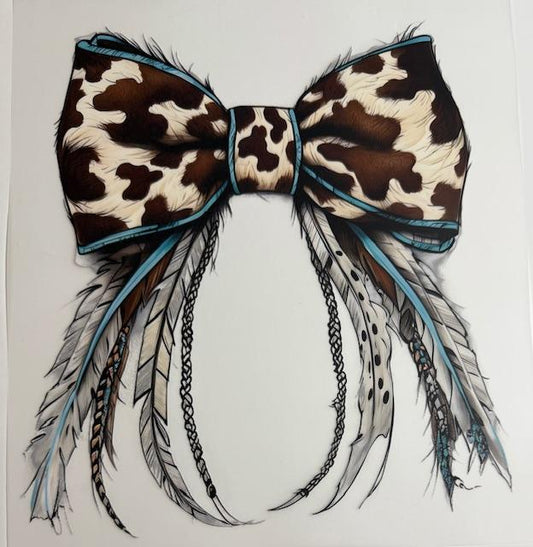 Cow print bow w/ feathers