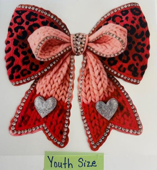 Pink Cheetah yarn bow w/ silver hearts